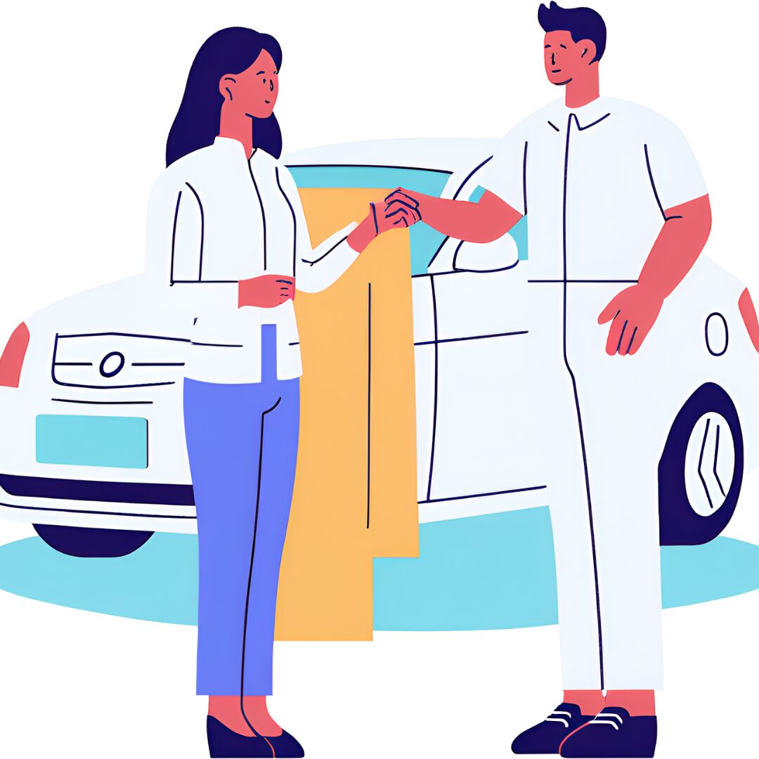 A salesperson helps a customer with her car